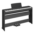 Diagonal side view of the P-145BTB (black model) in combination with the optional stand and three-pedal pedal unit