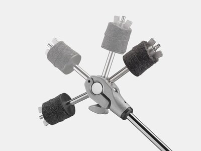 Image showing structure and range of motion of cymbal tilting mechanism that allows for stepless angle adjustment