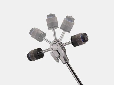 Image showing structure and range of motion of cymbal tilting mechanism that allows for stepless angle adjustment