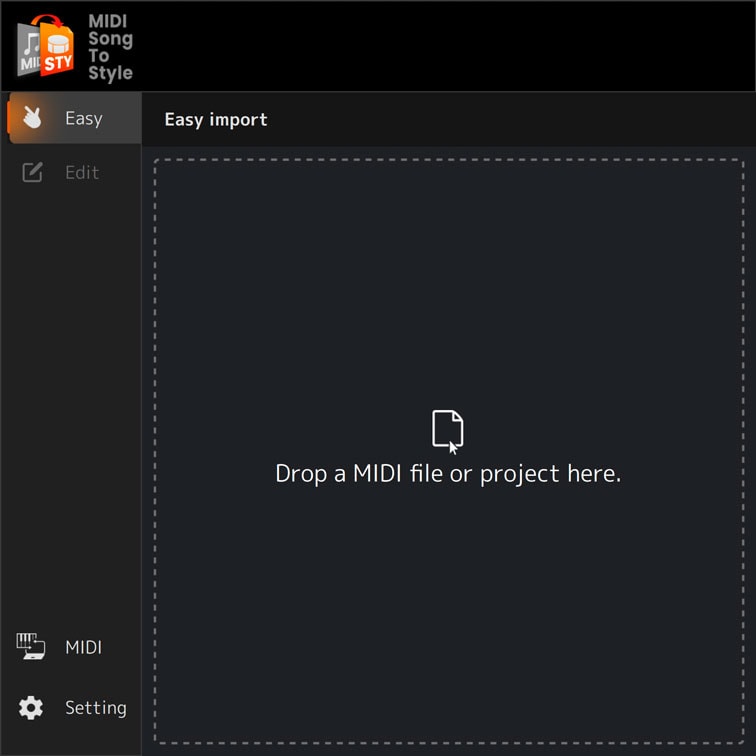 Easy mode of MIDI Song to Style.Screen image of importing MIDI song data.