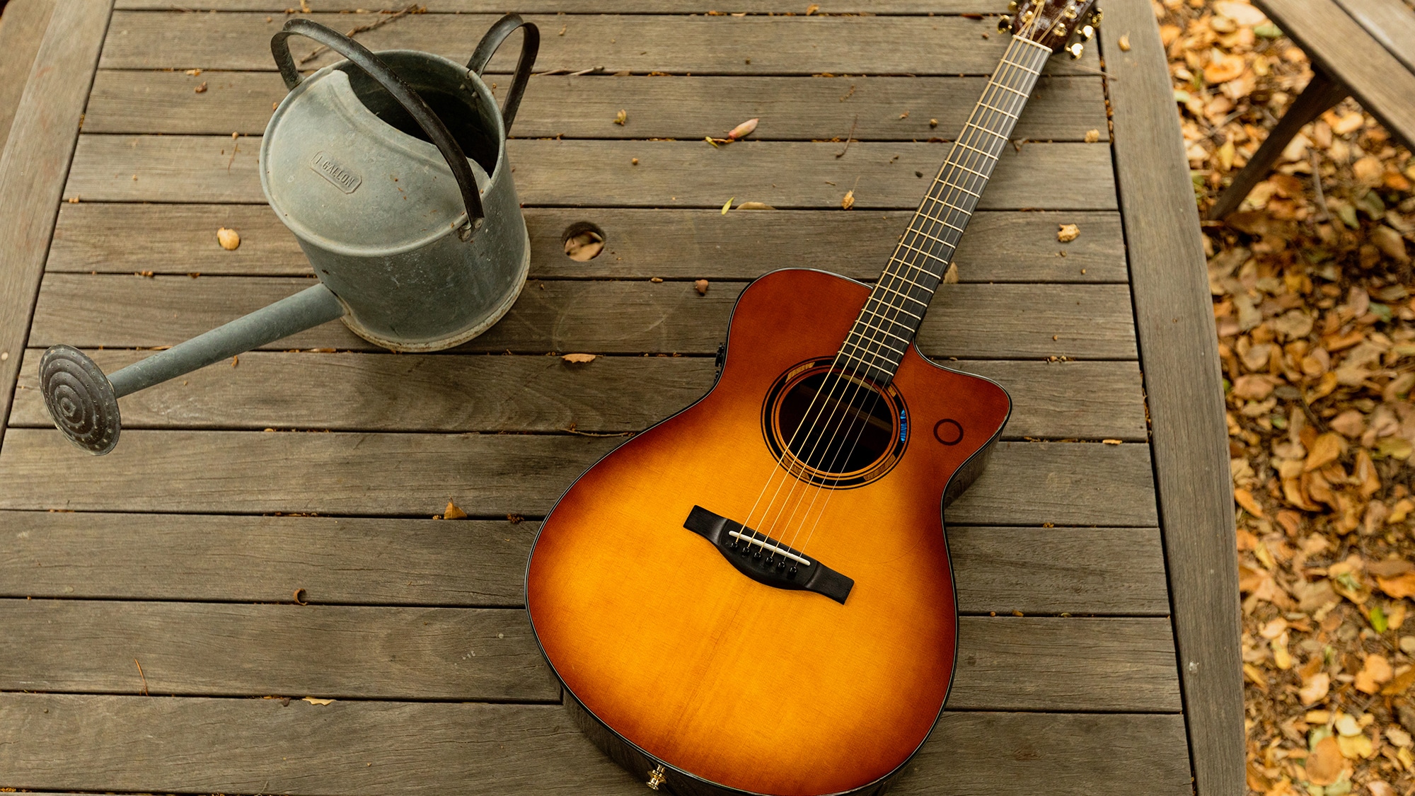 TAS3 C acoustic guitar placed on a wooden deck next to a watering can.