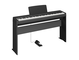 Diagonal side view of the P-143B (black model) in combination with the optional stand and metal sustain pedal