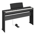 Diagonal side view of the P-223B (black model) in combination with the optional stand and metal sustain pedal