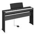 Diagonal side view of the P-223B (black model) in combination with the optional stand and sustain pedal