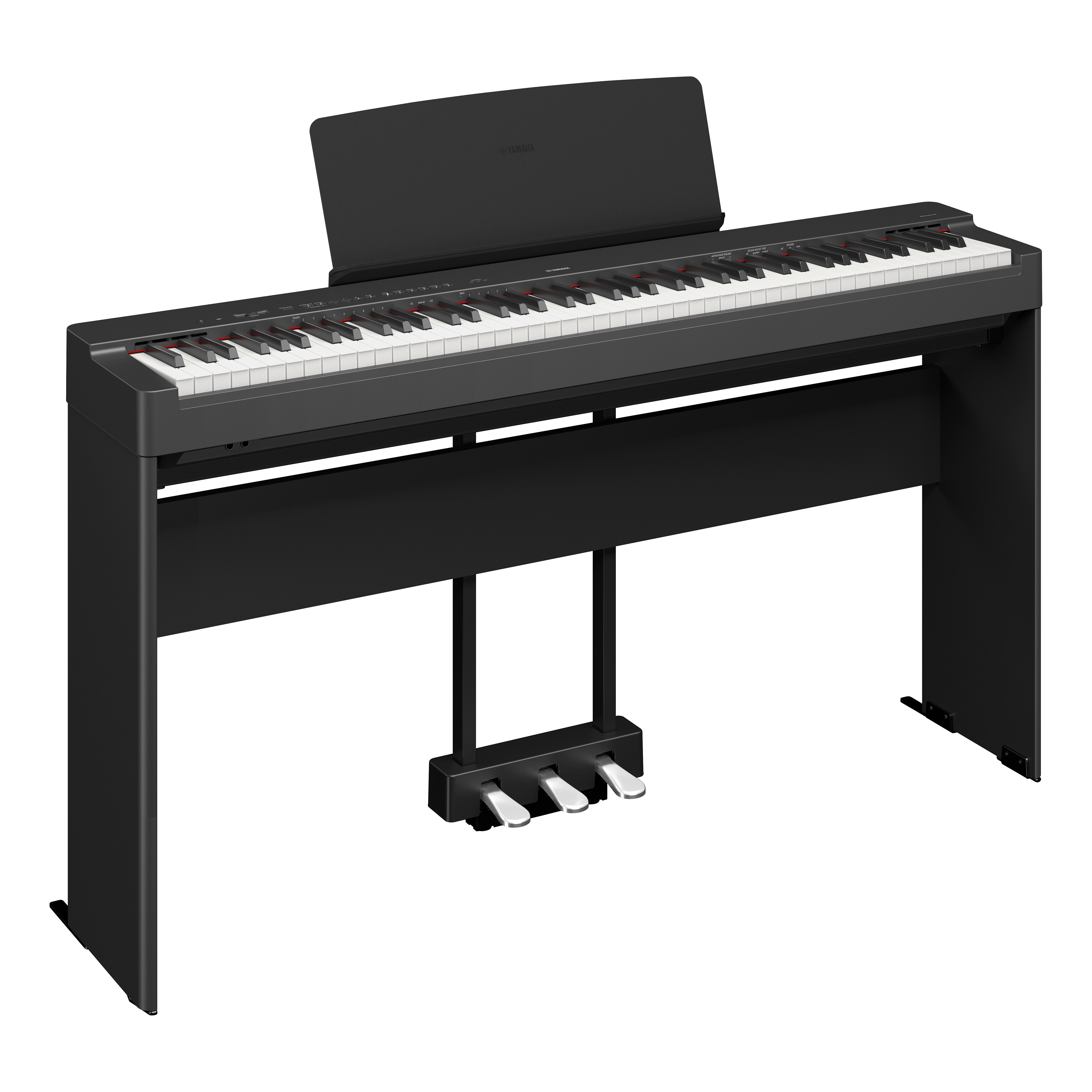 Hình chiếu chéo cạnh của P-225B (mẫu màu đen) khi kết hợp với chân đế tùy chọn và bộ ba bàn đạp bằng kim loại.