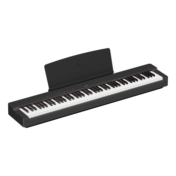 Diagonal side view of the P-225B (black model) with music rest