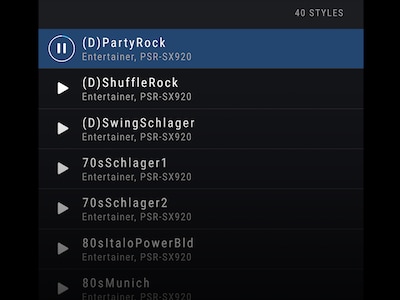 Screen where one of the Style listings is highlighted to indicate that it is playing