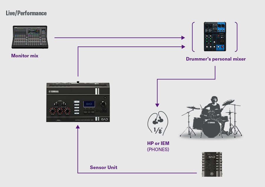 Diagram showing EAD20 connected to live sound equipment for stage performance and monitoring.