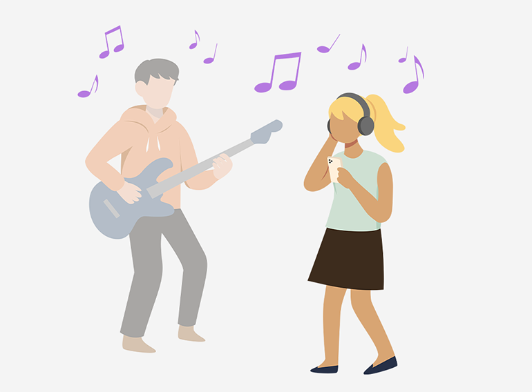 A woman enjoys listening carefully to phrases for each instrument while adjusting their volume in the Extrack music practice app