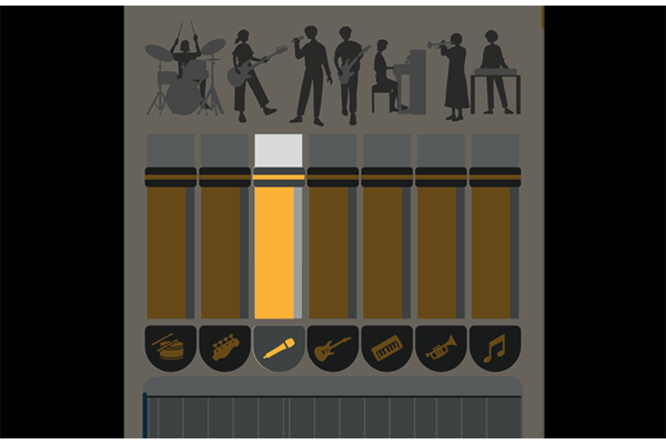 A screen capture of an audio source separated into different parts, such as guitars, vocals, drums, bass, pianos, and wind instruments.