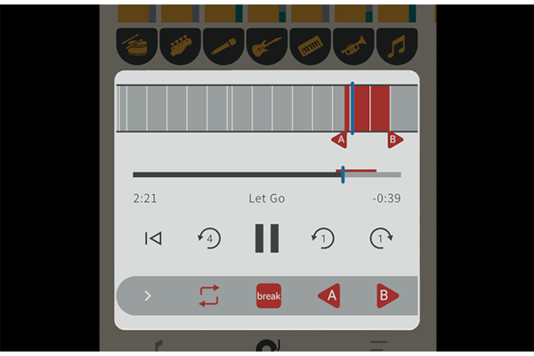 A screen captures of settings such as repeat playback, tempo adjustment, and key changes